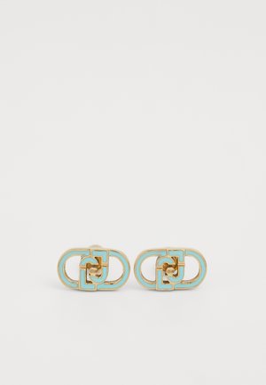 Zlaté kovové manžetové gombíky s geometrickým dizajnom, obsahujúce svetlomodré smaltové akcenty a leštené povrchy.