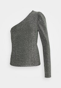 Asymmetrisches langärmeliges Oberteil aus metallisch grauem Stoff, das eine strukturierte Glitzermusterung und eine taillierte Silhouette aufweist.