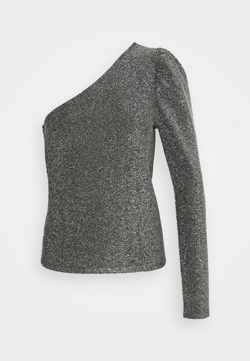 Asymmetrisches langärmeliges Oberteil aus metallisch grauem Stoff, das eine strukturierte Glitzermusterung und eine taillierte Silhouette aufweist.
