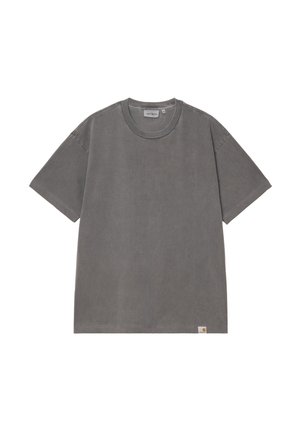 T-shirt Carhartt grigia a maniche corte con collo rotondo e piccolo logo etichetta sul fondo, esposta su sfondo bianco.