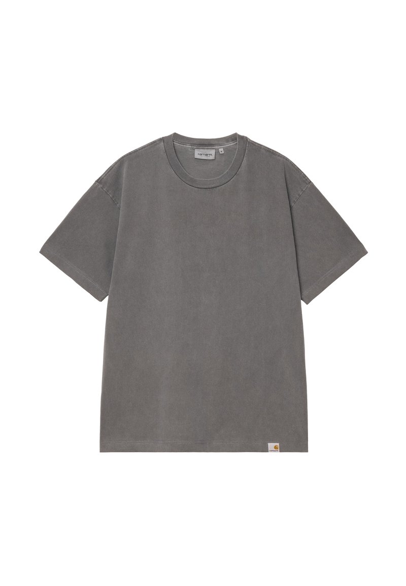 T-shirt Carhartt grigia a maniche corte con collo rotondo e piccolo logo etichetta sul fondo, esposta su sfondo bianco.