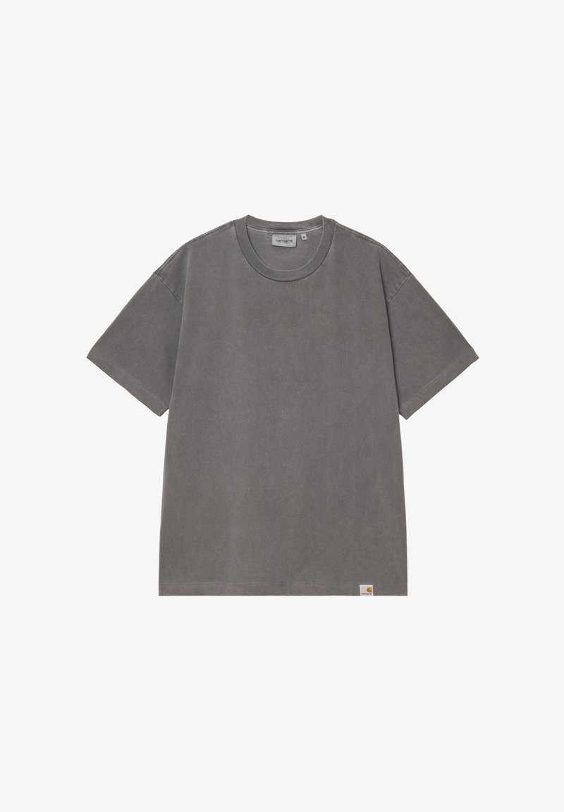 Gray, short-sleeve Carhartt t-shirt with crew neck and small logo tag at bottom hem, displayed on white background.