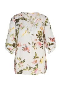 Blouse blanche avec imprimés floraux roses et jaunes, manches trois-quarts avec pattes de boutonnage et encolure en V avec patte de boutonnage partielle.