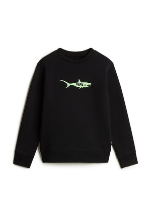 Sweat-shirt noir avec un graphisme de requin vert et le texte "VANS". Col rond, manches longues et poignets côtelés pour un ajustement snug.
