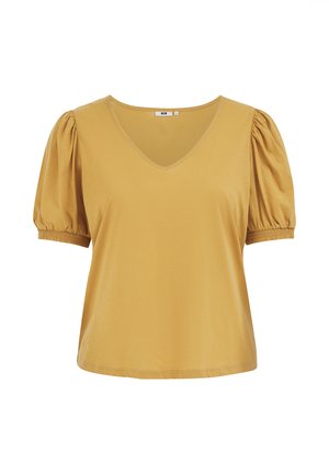 Sennepsgul bluse med korte ærmer og puffede ærmer samt V-halsudskæring, med elastiske manchetter og løs pasform.