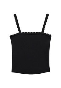 Musta tank top ohutolkaimilla, valmistettu pehmeästä ribbikankaasta. Sisältää aaltoilevan reunan kaula-aukossa ja käsivarsissa.