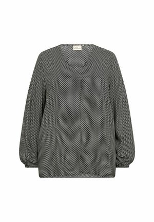 Blúzka s čierno-bielym vzorom, V-výstrihom, dlhými rukávmi a voľným strihom, so subtílnym geometrickým dizajnom a jemnou textúrou látky.