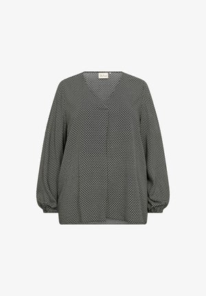 Äärmustes must-valge mustriga pluus V-kaelusega, pikkade varrukatega ja vabalt langeva lõikega, millel on peen geomeetriline disain ja pehme kangatekstuuri.