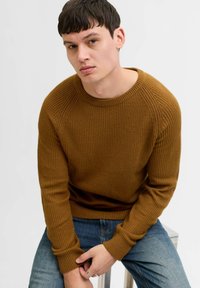 Brauner gerippter Pullover mit Rundhalsausschnitt und langen Ärmeln, kombiniert mit blauen Jeans. Die Textur ist weich und der Schnitt ist lässig.