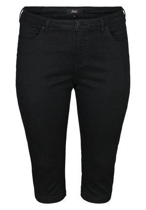 Black stretch denim capri pants with a fitted design, featuring a zip and button closure, five pockets, and a smooth texture.