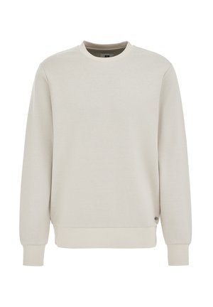 Svetlo bež pulover z okroglim izrezom, izdelan iz teksturirane tkanine. Ima dolge rokave ter rebraste man šete in rob. Majhen logotip na strani.