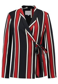 Blazer rayé en marine, rouge et blanc. Présente un design portefeuille avec une ceinture à nouer, des manches longues et une texture de tissu lisse.