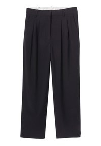 Pantalons à rayures fines gris foncé avec taille haute, devant plissé et coupe évasée. Le tissu semble lisse avec un léger éclat.