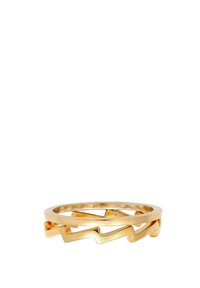 Guldbelagt zigzag ring med en glat, flad band og intrikat udsmykningen, der kombinerer geometriske former og polerede overflader.