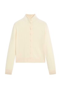 Krämfärgad stickad cardigan med hög krage, full knappstängning och ribbade muddar. Mjuk textur, kort längd och minimalistisk design.