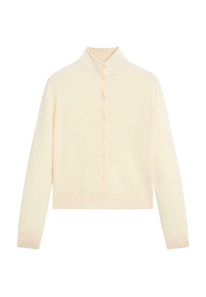 Kræmfarvet strikket cardigan med høj krave, fuld knaplukning og ribbede manchetter. Blød tekstur, kort længde og minimalistisk design.