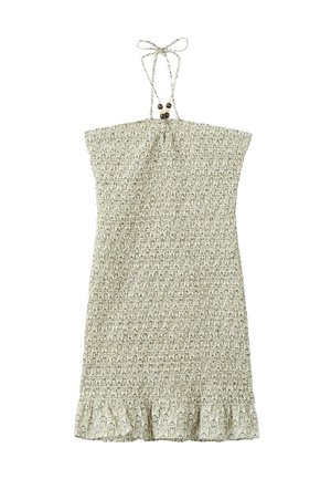 Vestido beige sin tirantes con fruncidos, estampado floral sutil, bajo con volantes y lazo fino en el cuello con cuentas de madera.