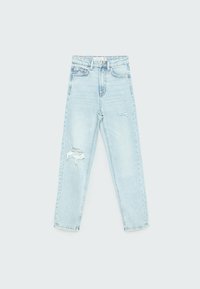 Ljust blå denimjeans med hög midja, med slitna revor vid knäna, standard femficksdesign och rak benpassform.