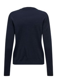 Pull en tricot bleu marine à manches longues avec poignets et ourlet côtelés, vu de dos sur un fond blanc.