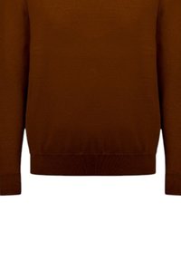 Maglione marrone a maglia con scollo rotondo, polsini e bordo a coste. Il tessuto appare liscio con una texture uniforme.