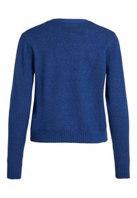 Blue knitted sweater featuring long sleeves, a round neckline, and ribbed hem and cuffs. Fabric appears soft with a smooth texture.