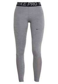 Gray athletic leggings featuring a black elastic waistband with "NIKE PRO" text, side mesh panels, and a fitted design.