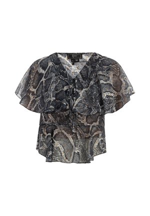 Caura, čūsku raksta blūze pelēkā un melnā krāsā, ar V-veida kakla izgriezumu, īsām volānu piedurknēm un izplešanos apakšmalē. Viegls audums ar tekstūru.