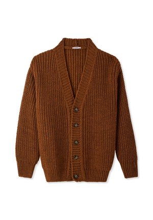 Cardigan marrone lavorato a maglia con scollo a V, texture a costine e cinque bottoni in plastica sul davanti. Maniche lunghe e vestibilità rilassata.