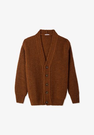 Cardigan marrone lavorato a maglia con scollo a V, texture a costine e cinque bottoni in plastica sul davanti. Maniche lunghe e vestibilità rilassata.