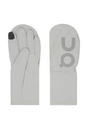 Paire de moufles gris clair à trois doigts, embout tactile noir sur le pouce et grand logo "ON" imprimé au dos.