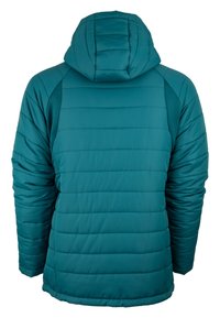 Giacca a vento teal con cappuccio, caratterizzata da una trama trapuntata, pannelli laterali e polsini a costine. La vista posteriore mostra il design imbottito della giacca.