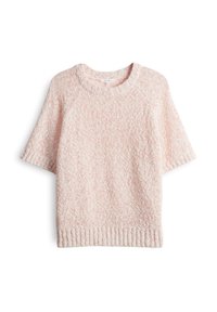 Maglione corto a maniche corte di colore rosa chiaro con un motivo di lavorazione a maglia testurizzata. Presenta un collo rotondo e orlo a costine. Realizzato in un tessuto morbido.