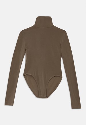 Long-sleeve bodysuit in dark brown fabric, featuring a high collar, smooth texture, and scoop back design with a snug fit.
