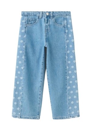 Jean en denim bleu clair à jambes larges avec des panneaux latéraux ornés d’un motif floral blanc sur toute la surface.