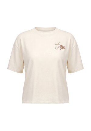 Beige T-shirt met korte mouwen, een kleine beergrafiek en de woorden "Happy Cute" op de linkerborst geprint.