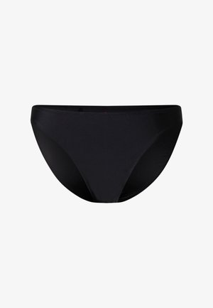 Schwarzer Bikini-Slip mit einfachem, glattem Design und elastischem Bund, isoliert auf weißem Hintergrund.