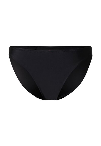 Schwarzer Bikini-Slip mit einfachem, glattem Design und elastischem Bund, isoliert auf weißem Hintergrund.