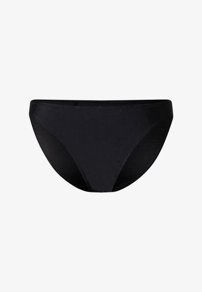 Schwarzer Bikini-Slip mit einfachem, glattem Design und elastischem Bund, isoliert auf weißem Hintergrund.