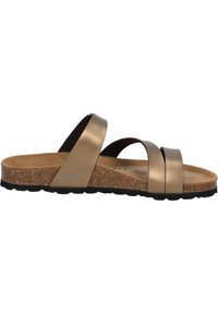 Sandali in bronzo metallizzato con tre cinturini incrociati, soletta in sughero e suola in gomma nera testurizzata. Presentano una finitura in pelle liscia.