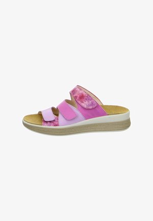 Pink slide sandal with three adjustable Velcro straps, patent leather upper, textured footbed, and a wedge sole with wood-like finish.