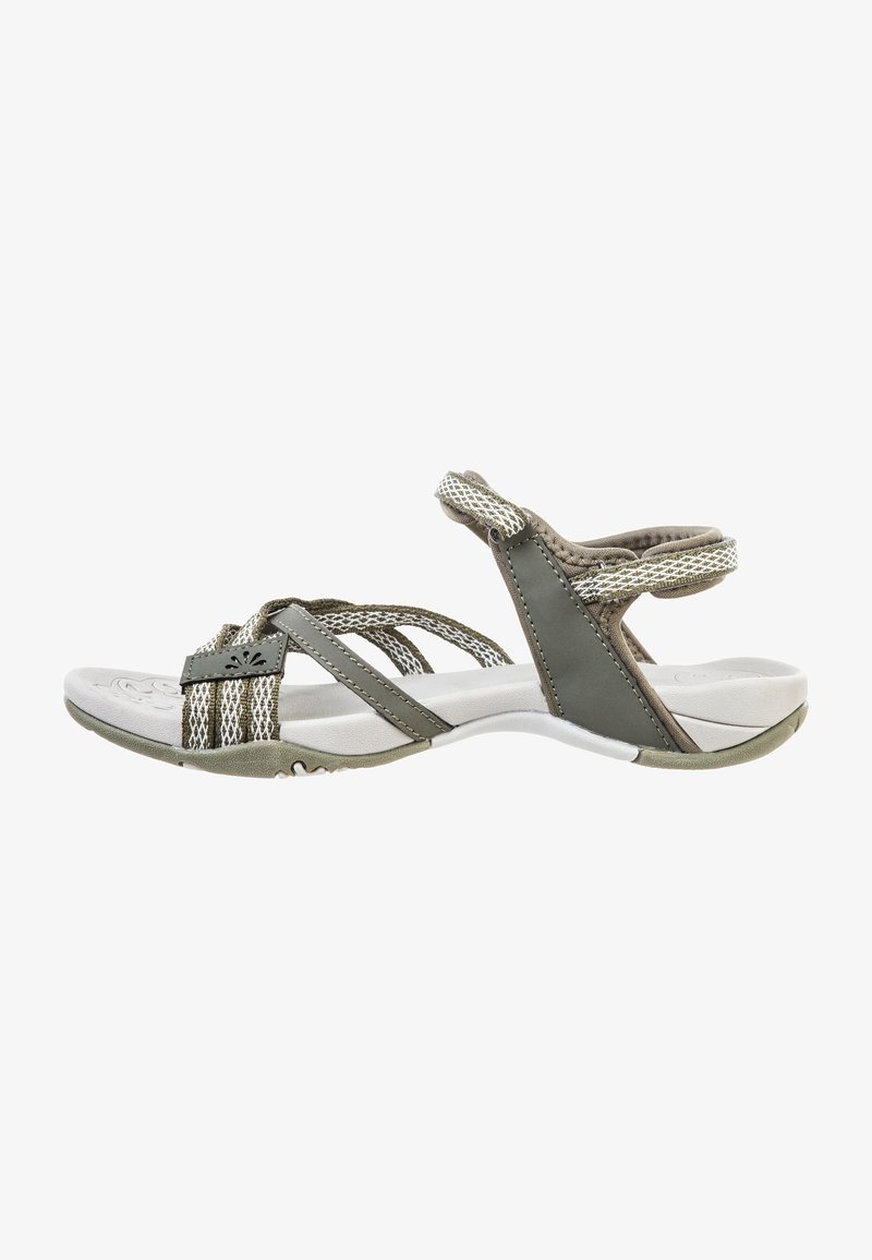 Olivgröna sandaler med nätremmar, med vadderad sula och justerbar hälrem. Texturerad sula för bra grepp.
