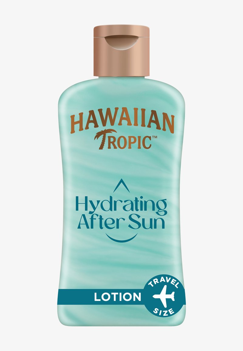 Hawaiian Tropic hydraterende after sun-lotion in reisformaat met lichtblauwe fles en beige klapdop.