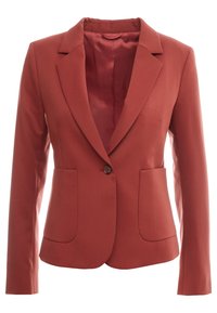 Blazer de couleur rouille avec un col cranté, une fermeture à un bouton et deux poches avant. Le tissu est lisse, conçu pour un ajustement près du corps.