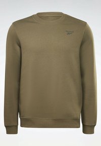 Olivově zelená mikina Reebok s kulatým výstřihem, dlouhými rukávy, manžetami a lemem se žebrováním. Obsahuje decentní logo na hrudi. Hladký povrch.