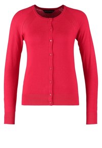 Red long-sleeve cardigan with round neckline and front buttons, featuring ribbed cuffs and hem.