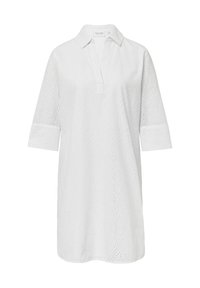 Abito tunica bianco realizzato in tessuto testurizzato con motivo a occhiello. Presenta un colletto e maniche a tre quarti. Design a taglio dritto.