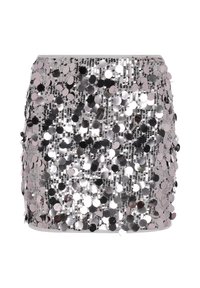 Minigonna di paillettes con grandi paillettes circolari argentee su una base scintillante, con un design aderente e orlo dritto.