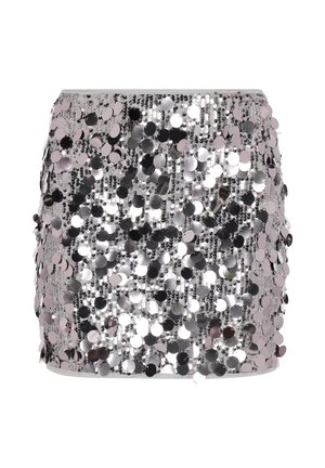 Minirock mit Pailletten, versehen mit großen, silbernen, runden Pailletten auf schimmernder Basis, mit figurbetontem Schnitt und geradem Saum.