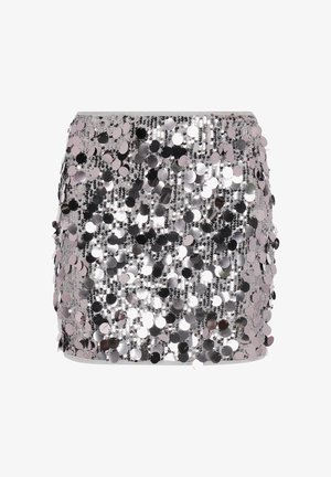 Gekorte rok met pailletten, voorzien van grote zilveren ronde pailletten op een glinsterende basis, met een aansluitend ontwerp en een rechte zoom.