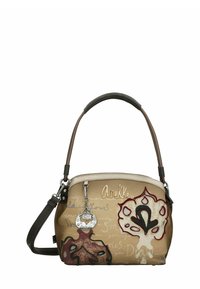Tan handtas met een afneembare schouderriem, voorzien van kleurrijke bloemmotieven, metalen accenten en een ritssluiting aan de bovenkant.